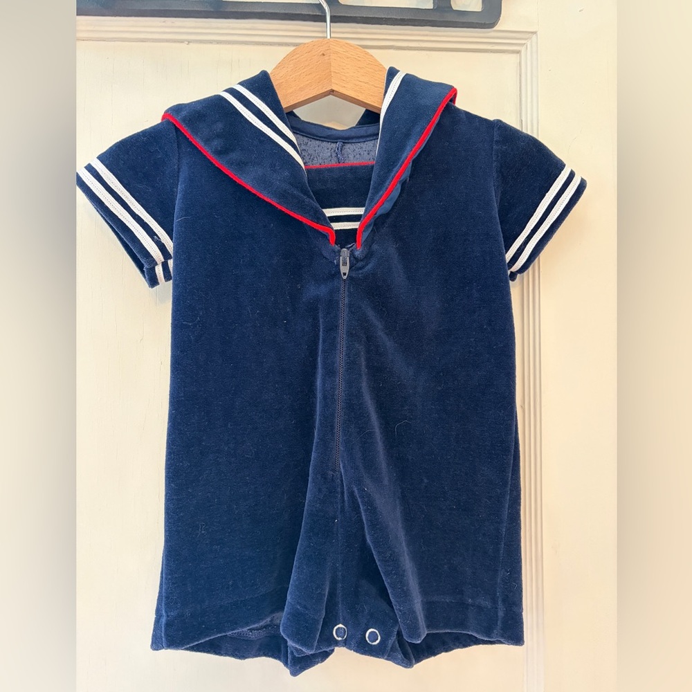 Navy Sailor Romper with Red Trim